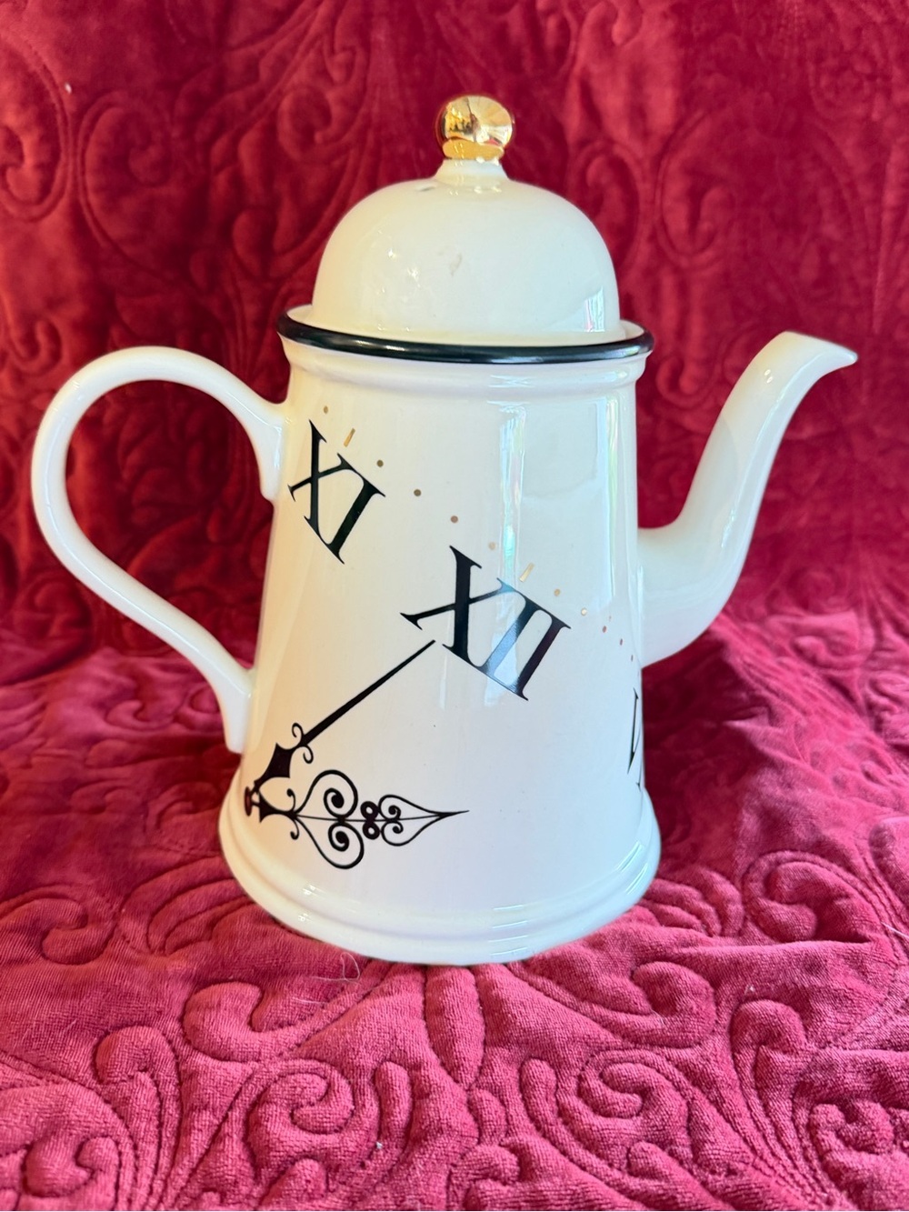 White Ceramic Teapot with Black Roman Numeral Clock Design and Gold Knob